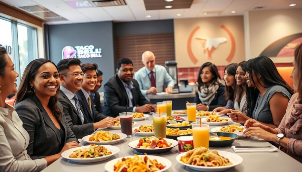 A vibrant restaurant scene depicting the Restaurant Meals Program in action. In the foreground, a diverse group of people, dressed in professional business attire and modest casual clothing, are gathered at a spacious dining table laden with colorful and appetizing meals commonly available at fast-food restaurants like Taco Bell, including tacos, burritos, and beverages. In the middle ground, a friendly restaurant staff member serves food, showcasing a welcoming atmosphere. The background features bright, inviting restaurant decor with subtle branding and comfortable seating. Soft, warm lighting creates an inviting mood, with a focus on the lively interaction among patrons enjoying their meals together. The angle is slightly elevated, providing a clear view of both the culinary offerings and the social engagement, emphasizing community and inclusivity.
