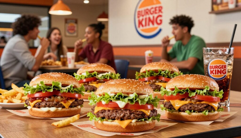 A vibrant scene showcasing a delicious selection of Burger King's "Duos Trios" meal deals. In the foreground, a beautifully arranged table features a trio of colorful burgers stacked high, accompanied by crispy fries and a refreshing drink in clear glass. The burgers showcase diverse toppings like fresh lettuce, ripe tomatoes, creamy sauces, and melted cheese, glistening under warm, inviting lighting. In the middle, a casual dining setting includes cheerful patrons, casually dressed, enjoying the meal. The background captures the bright, iconic Burger King restaurant interior, with the brand's signature colors and decor, creating a lively atmosphere. The composition is shot from a slightly elevated angle to emphasize the mouth-watering details, conveying a sense of excitement and appeal of the latest meal deals. A vibrant scene showcasing a delicious selection of Burger King's "Duos Trios" meal deals. In the foreground, a beautifully arranged table features a trio of colorful burgers stacked high, accompanied by crispy fries and a refreshing drink in clear glass. The burgers showcase diverse toppings like fresh lettuce, ripe tomatoes, creamy sauces, and melted cheese, glistening under warm, inviting lighting. In the middle, a casual dining setting includes cheerful patrons, casually dressed, enjoying the meal. The background captures the bright, iconic Burger King restaurant interior, with the brand's signature colors and decor, creating a lively atmosphere. The composition is shot from a slightly elevated angle to emphasize the mouth-watering details, conveying a sense of excitement and appeal of the latest meal deals.