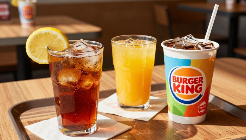 A vibrant selection of beverages showcased on a wooden table, representing the concept of value drinks at Burger King. In the foreground, a clear, tall glass filled with a refreshing iced tea garnished with a lemon slice, beside a colorful cup of fountain soda with ice cubes and a straw. In the middle, a smaller cup of orange juice reflecting sunlight and sparkling, sitting on a branded napkin. The background features a softly blurred Burger King restaurant setting, with warm lighting creating an inviting atmosphere. The angle is slightly overhead, allowing a full view of the drinks’ textures and colors, emphasizing the theme of value and refreshment.