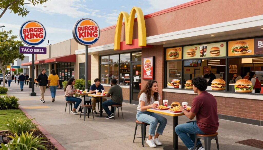 A vibrant street scene featuring various fast food restaurants, including recognizable chains like Burger King, McDonald's, and Taco Bell. In the foreground, showcase a diverse group of customers in modest casual clothing, happily discussing their meal choices. The middle ground includes colorful fast food signs and appetizing food displays, with trays of burgers, fries, and drinks. The background features a busy urban environment with well-maintained sidewalks, greenery, and blue skies overhead, creating an inviting atmosphere. Use warm, natural lighting to evoke a friendly, cheerful mood. Capture from a wide angle to include as much detail as possible while focusing on the lively interactions at the restaurants.