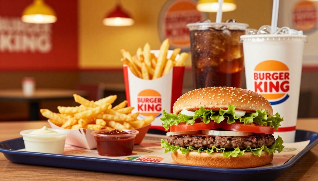 A vibrant table setting featuring a variety of Burger King lunch items, including a classic Whopper burger with fresh lettuce, tomatoes, and onions, crispy French fries, and an iced soft drink in a branded cup. In the foreground, focus on the deliciously assembled burger with layers visible. The middle ground showcases the golden fries in a paper sleeve, with a dipping sauce on the side. The background features a cheerful, fast-food restaurant interior with warm lighting, highlighting the brand colors of red and yellow. The scene conveys a casual, inviting atmosphere, with soft shadows and a slight tilt to capture a dynamic angle, emphasizing the appeal of the lunch menu items. The image is free of text and any distractions.