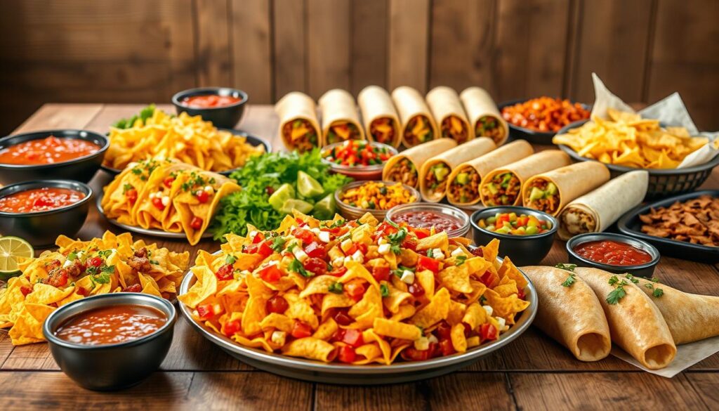 A vibrant tabletop scene featuring an array of delicious Taco Bell group meal items, including a colorful assortment of tacos, burritos, nachos, and a large bowl of salsa. The foreground showcases a large platter filled with crunchy nachos layered with melted cheese and toppings, surrounded by enticing tacos with fresh ingredients. In the middle ground, display a variety of burritos wrapped neatly alongside fresh, vibrant sides like guacamole and pico de gallo. The background features a rustic wooden table setting with soft natural lighting, enhancing the warm, inviting atmosphere. A shallow depth of field focuses on the food, creating a cozy, communal vibe perfect for sharing. The image captures a festive ambiance, making it ideal for gatherings and celebrations.