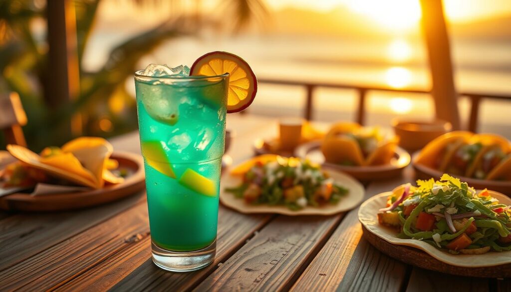 A vibrant, tropical scene showcasing a glass of Baja Blast, with a refreshing, icy blue-green liquid that swirls with hints of bright yellow and orange representing passion fruit. In the foreground, place the glass filled with ice, garnished with a slice of lime and a passion fruit half. The middle layer features an inviting wooden table scattered with tantalizing taco options, each bursting with color. In the background, a dreamy sunset casts warm golden light, enveloping the scene in a relaxed yet lively atmosphere. The focus should be sharp on the drink, creating a sense of refreshing chill, while the tacos blur slightly to suggest depth. Capture this moment with a warm color palette, evoking a feeling of summer evenings and fun gatherings.