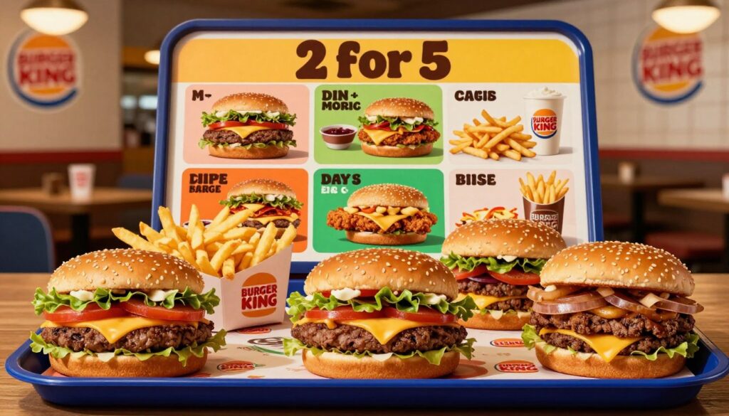 A vibrant, visually appealing representation of the Burger King 2 For 5 Menu. In the foreground, showcase a variety of delicious burgers and fries, beautifully arranged on a classic fast-food tray. The middle section should feature a colorful menu board highlighting the mix-and-match options, including burgers, chicken sandwiches, and sides. Include a soft, warm light that creates a cozy and inviting atmosphere, suggesting a fast-food restaurant setting. The background should consist of subtle hints of a Burger King restaurant interior, with blurred seating and décor to keep the focus on the menu items. The angle should be slightly overhead, giving a top-down perspective of the food, enticing viewers with the vibrant colors and textures of the meals.