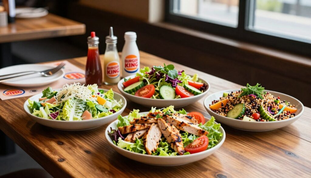 A vibrant, visually appealing salad menu displayed on a rustic wooden table, showcasing an array of colorful salads that Burger King might offer internationally. In the foreground, an assortment of fresh salads includes a Caesar salad with crisp romaine and grilled chicken, a garden salad with juicy tomatoes and cucumbers, and a quinoa salad adorned with vibrant herbs. The middle ground features a dining setting with subtle condiments and a hint of Burger King branding on a placemat. The background captures an inviting ambiance with natural light streaming in through a window, casting soft shadows. The overall mood is fresh and healthy, emphasizing the appeal of salads as a delicious alternative. The composition enhances the appetizing nature of the offerings without any text or overlays. A vibrant, visually appealing salad menu displayed on a rustic wooden table, showcasing an array of colorful salads that Burger King might offer internationally. In the foreground, an assortment of fresh salads includes a Caesar salad with crisp romaine and grilled chicken, a garden salad with juicy tomatoes and cucumbers, and a quinoa salad adorned with vibrant herbs. The middle ground features a dining setting with subtle condiments and a hint of Burger King branding on a placemat. The background captures an inviting ambiance with natural light streaming in through a window, casting soft shadows. The overall mood is fresh and healthy, emphasizing the appeal of salads as a delicious alternative. The composition enhances the appetizing nature of the offerings without any text or overlays.