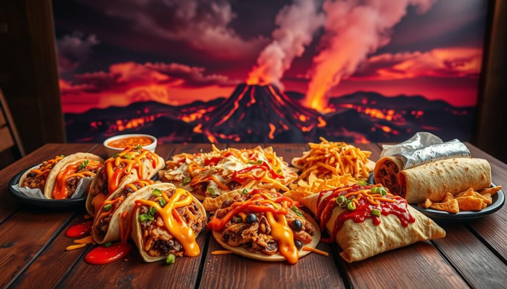 A vibrant, visually appealing "volcano style menu" spread out on a rustic wooden table. In the foreground, colorful Taco Bell items like fiery tacos, burritos, and nachos are arranged artistically, with molten cheese and spicy sauces oozing to emphasize their bold flavors. The middle layer features a visually striking backdrop of a volcanic landscape, complete with simmering lava and ash clouds, providing a dramatic context to the food items. The atmosphere is warm and inviting, with soft, ambient lighting that highlights the textures and colors of the food. The angle is slightly elevated, capturing the full layout while giving a sense of depth. The scene is devoid of any text or distractions, focusing solely on the enticing presentation of the Volcano Menu. A vibrant, visually appealing "volcano style menu" spread out on a rustic wooden table. In the foreground, colorful Taco Bell items like fiery tacos, burritos, and nachos are arranged artistically, with molten cheese and spicy sauces oozing to emphasize their bold flavors. The middle layer features a visually striking backdrop of a volcanic landscape, complete with simmering lava and ash clouds, providing a dramatic context to the food items. The atmosphere is warm and inviting, with soft, ambient lighting that highlights the textures and colors of the food. The angle is slightly elevated, capturing the full layout while giving a sense of depth. The scene is devoid of any text or distractions, focusing solely on the enticing presentation of the Volcano Menu.