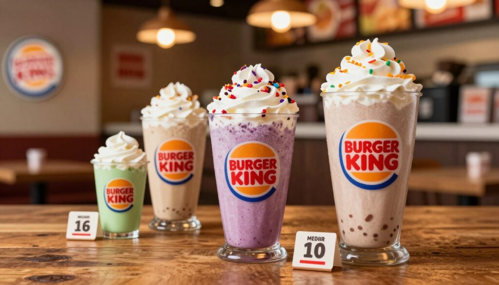 A visually appealing composition showcasing an array of Burger King shakes in three distinct sizes: small, medium, and large, placed artistically on a rustic wooden table. The shakes should be in vibrant colors, with whipped cream and colorful toppings visible, emphasizing their creamy textures and flavors. The foreground captures the shakes closely, highlighting their freshness and enticing presentation. In the middle ground, include a subtle focus on a price tag next to each shake, indicating their respective prices. The background features a softly blurred Burger King restaurant setting with warm ambient lighting to create a welcoming atmosphere. Use a shallow depth of field to maintain focus on the shakes while softening the surroundings. The overall mood should be cheerful and appetizing, making the viewer crave a tasty treat.