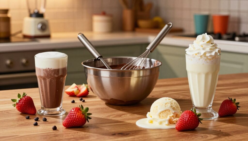 A visually appealing layout of Burger King shake ingredients arranged artfully on a wooden table. In the foreground, showcase fresh milk, rich chocolate syrup, vibrant strawberries, creamy vanilla ice cream, and whipped cream, all glistening with moisture. In the middle, display a mixing bowl and a whisk, suggesting the preparation process, with a few scattered chocolate chips and fresh fruit slices. In the background, softly blurred, include a glowing kitchen counter with a vintage blender and some colorful cups ready for serving. The lighting is warm and inviting, casting soft shadows that highlight the textures of the ingredients. The atmosphere is fresh and delicious, evoking a sense of homemade goodness.
