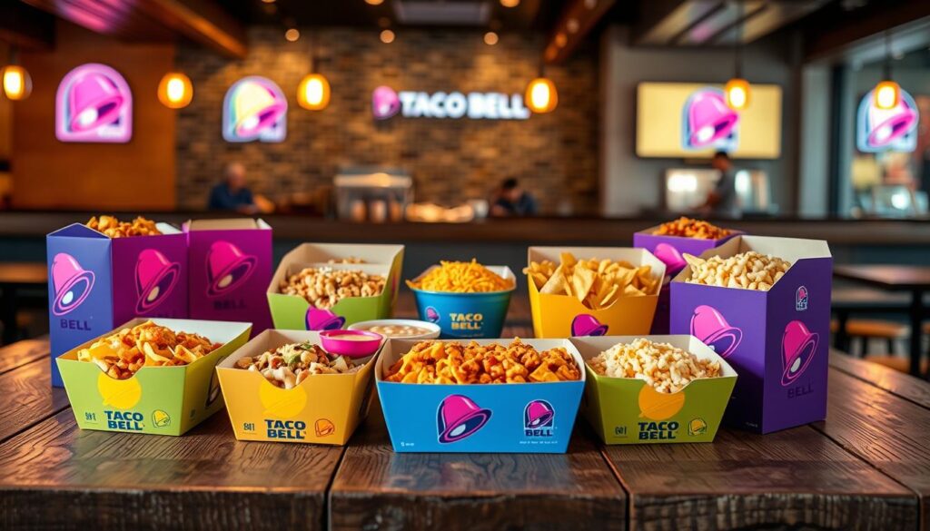 A visually striking display of popular Taco Bell boxes, meticulously arranged on a rustic wooden table in the foreground. The boxes are colorful and enticing, showcasing Taco Bell's signature designs, filled with a variety of tasty tacos, burritos, and nachos. In the middle, a few side dishes such as beans and rice are served in vibrant bowls. In the background, a softly blurred restaurant setting is visible, with Taco Bell branding subtly integrated into the ambiance, illuminated by warm, inviting lighting. The scene is captured from a slightly elevated angle, allowing for a comprehensive view of the delicious food. The overall mood is lively and appetizing, appealing to both Taco Bell fans and newcomers alike.