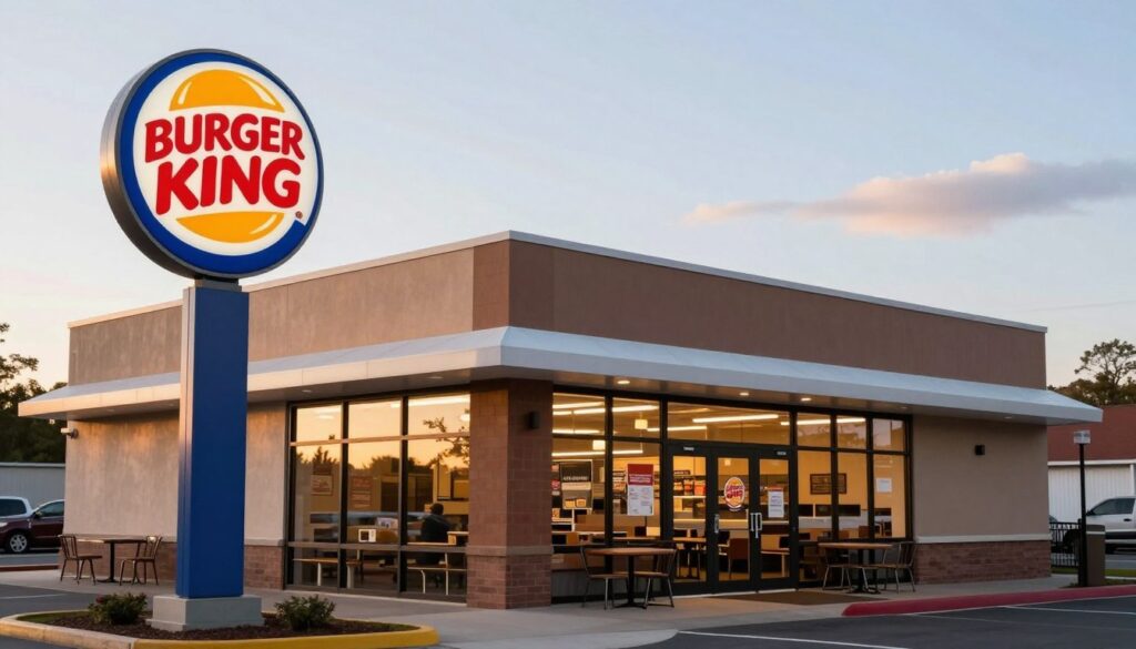 A visually striking illustration featuring a Burger King restaurant exterior during early morning hours, bathed in the soft, warm glow of dawn. In the foreground, the iconic Burger King sign is clearly visible, showcasing its classic logo in vibrant colors. The middle ground captures the store's entrance, with glass doors reflecting the early light, while a few neatly arranged outdoor tables invite customers. The background features a clear sky with soft clouds, enhancing the serene atmosphere of a new day. The scene conveys a sense of anticipation, evoking the excitement of the restaurant about to open. The lighting is bright yet gentle, creating an inviting mood. A wide-angle perspective captures the entire restaurant while ensuring no people are present, focusing solely on the architecture and ambiance. A visually striking illustration featuring a Burger King restaurant exterior during early morning hours, bathed in the soft, warm glow of dawn. In the foreground, the iconic Burger King sign is clearly visible, showcasing its classic logo in vibrant colors. The middle ground captures the store's entrance, with glass doors reflecting the early light, while a few neatly arranged outdoor tables invite customers. The background features a clear sky with soft clouds, enhancing the serene atmosphere of a new day. The scene conveys a sense of anticipation, evoking the excitement of the restaurant about to open. The lighting is bright yet gentle, creating an inviting mood. A wide-angle perspective captures the entire restaurant while ensuring no people are present, focusing solely on the architecture and ambiance.
