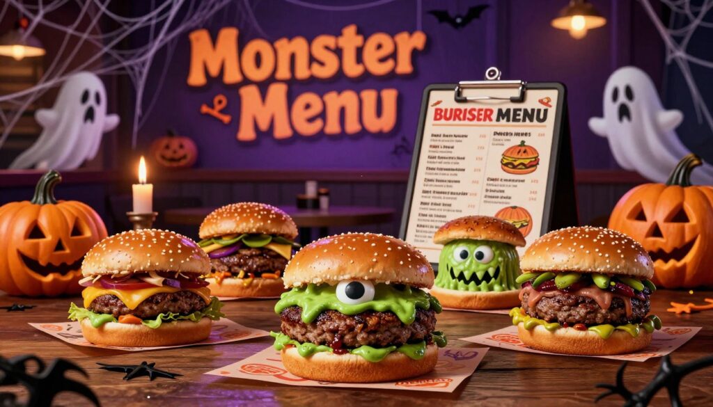 A visually striking illustration of a "Monster Menu" inspired by Burger King's Spooky Menu. In the foreground, showcase an assortment of creatively designed burgers featuring eerie elements like green sauces, monster-shaped patties, and glowing eyes from toppings. The middle ground features a whimsical, Halloween-themed table setting with pumpkin decorations, spooky candlelight, and an inviting tray displaying the peculiar menu items. In the background, a haunted-style restaurant scene with cobwebs, playful ghosts, and dim lighting sets the eerie yet playful atmosphere. Use warm, moody lighting to evoke a sense of nostalgia and festive excitement. Capture the image at a slightly angled perspective to emphasize depth and detail, focusing on the whimsical and spooky fusion of flavors.