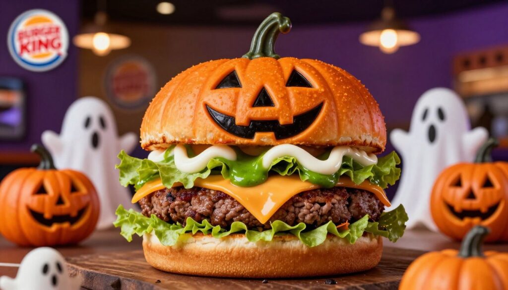 A vividly detailed Jack-O-Lantern Whopper with a bright orange pumpkin-themed bun, placed prominently in the foreground. The burger is crafted with juicy beef, fresh crispy lettuce, and a slice of cheddar cheese, all adorned with spooky Halloween-themed toppings like ghostly white mayonnaise and eerie green sauce. Surrounding the burger, Halloween decorations like miniature pumpkins and ghostly figures create a festive atmosphere. The middle background features a dimly lit Burger King interior, subtly illuminated with warm, flickering lights that enhance the spooky vibe. Use a shallow depth of field to focus sharply on the burger while slightly blurring the background. Capture the scene from a slightly elevated angle to emphasize the layers of the burger and convey a playful Halloween spirit, evoking excitement and nostalgia for the holiday.