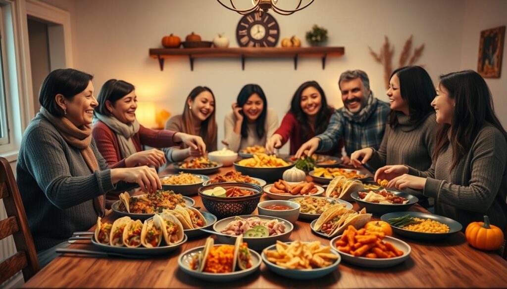 A warm and inviting family meal scene set in a cozy dining room. In the foreground, a beautifully set wooden table adorned with a festive Thanksgiving spread, featuring a variety of delicious tacos, colorful sides, and traditional Thanksgiving elements like corn and cranberry sauce. In the middle, a diverse family assembled together, smiling and wearing modest casual clothing, reaching for food and enjoying laughter. In the background, soft ambient lighting creates a comforting glow, enhancing the holiday atmosphere. A hint of autumn decor, like pumpkins and dried leaves, can be seen on the walls. The composition is captured from a slightly elevated angle, emphasizing the togetherness and joy of a shared meal. The mood is warm, cheerful, and festive, perfect for a Thanksgiving celebration. A warm and inviting family meal scene set in a cozy dining room. In the foreground, a beautifully set wooden table adorned with a festive Thanksgiving spread, featuring a variety of delicious tacos, colorful sides, and traditional Thanksgiving elements like corn and cranberry sauce. In the middle, a diverse family assembled together, smiling and wearing modest casual clothing, reaching for food and enjoying laughter. In the background, soft ambient lighting creates a comforting glow, enhancing the holiday atmosphere. A hint of autumn decor, like pumpkins and dried leaves, can be seen on the walls. The composition is captured from a slightly elevated angle, emphasizing the togetherness and joy of a shared meal. The mood is warm, cheerful, and festive, perfect for a Thanksgiving celebration.