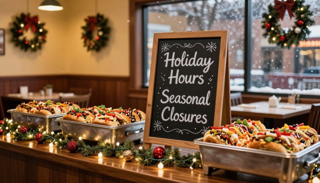 A warm and inviting image showcasing a festive holiday-themed display for Firehouse Subs. In the foreground, a beautifully arranged buffet table is adorned with delectably displayed subs, holiday decorations, and twinkling fairy lights. In the middle ground, an elegant chalkboard sign prominently features a note about "Holiday Hours" and "Seasonal Closures," artistically written with decorative elements. The background shows a cozy restaurant interior, warmly lit with soft yellow hues, decorated with holiday wreaths and garlands. Through the window, light snowflakes can be seen gently falling, adding to the winter atmosphere. The overall mood is cheerful and festive, inviting patrons to enjoy a meal during the holiday season.