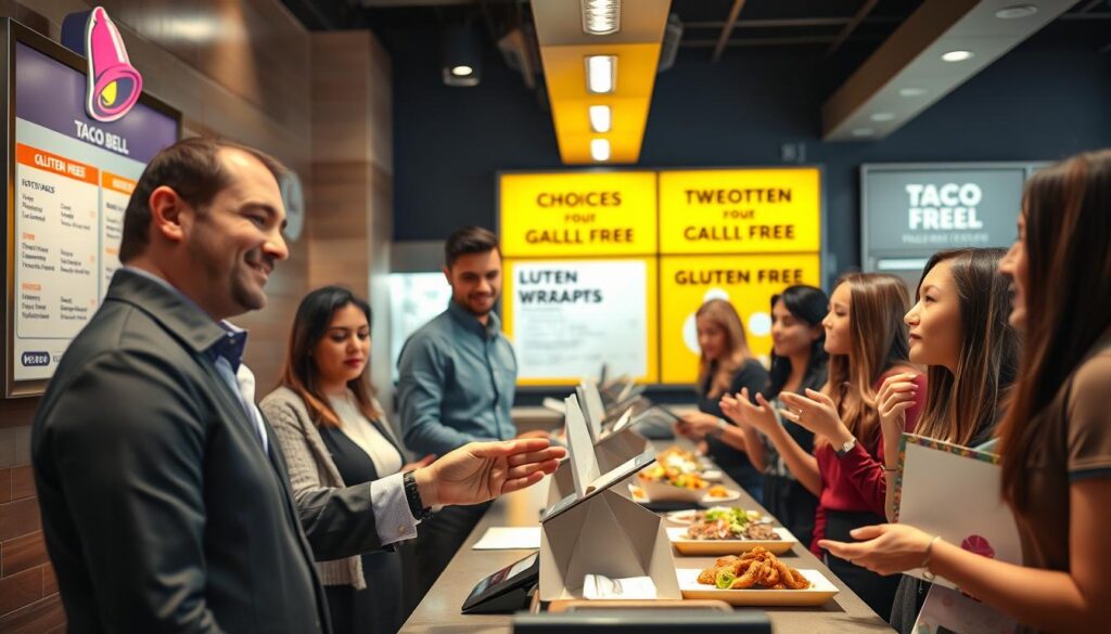A well-organized Taco Bell ordering counter with a diverse group of people dressed in business casual attire, each demonstrating how to place an order to minimize gluten exposure. The foreground features a friendly employee guiding customers, pointing at a menu board with gluten-free options highlighted. In the middle ground, several customers are actively discussing their orders with intent, showing items like lettuce wraps and grilled options. The background displays the bright and colorful Taco Bell branding, with clear signage encouraging gluten-free choices. Soft, natural lighting illuminates the scene, creating a welcoming atmosphere that emphasizes safety and informed dining decisions. Overall, portray a sense of community and awareness in a restaurant setting.