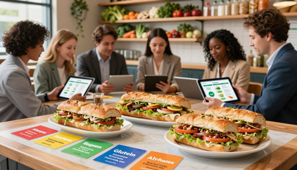 A well-organized allergy profile graphic for a restaurant allergen menu, featuring a vibrant, visually engaging layout. In the foreground, display a neatly arranged plate of Firehouse Subs sandwiches, with colorful ingredient cards highlighting allergens like nuts, gluten, and dairy. The middle section shows a diverse group of people in professional attire, thoughtfully examining their personalized allergen profiles on tablets, demonstrating a sense of collaboration and consideration. In the background, softly lit shelves filled with fresh ingredients and allergen-free options create an inviting atmosphere. Utilize warm, natural lighting to enhance the inviting feel, and employ a slightly elevated angle to capture both the food and interactions seamlessly, conveying a mood of safety and inclusivity in dining experiences.