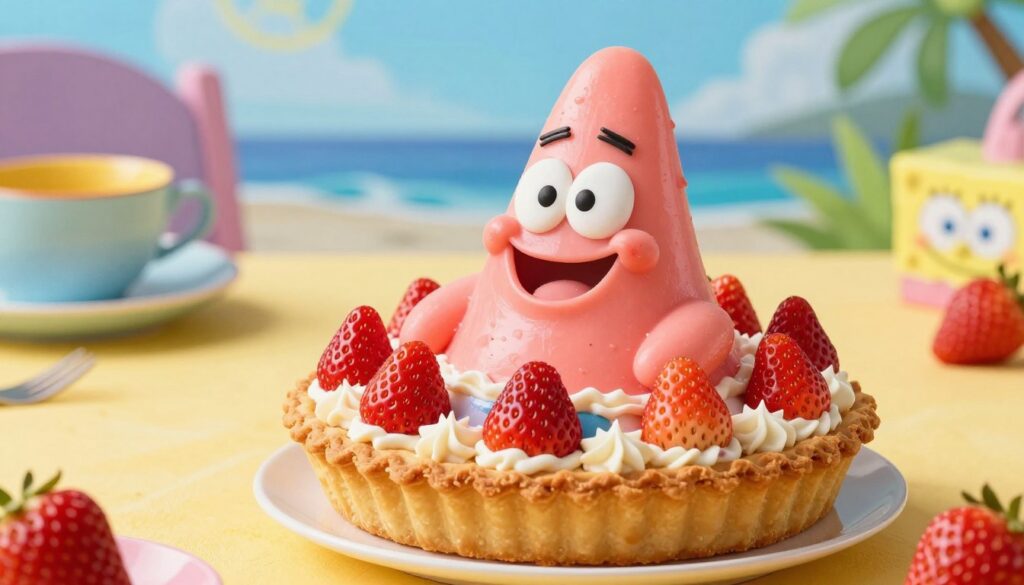 A whimsical scene featuring a shortcake pie inspired by Patrick Star from Spongebob Squarepants, creatively transformed into a "Patrick Star-berry" dessert. In the foreground, the pie is elaborately decorated with vibrant, pink strawberry icing shaped like Patrick's iconic five-pointed star, complete with white cream accents and fresh strawberries on top. In the middle ground, a bright, colorful table setting includes a playful beach-themed backdrop, emanating a joyful atmosphere. The background reveals a sunny seaside with gentle waves and a clear blue sky, further enhancing the summery mood. Soft, warm lighting casts a pleasant glow over the scene, capturing the freshness of the ingredients and the playful essence of the character. The image should evoke a sense of fun and delight, enticing viewers to indulge in this unique dessert.