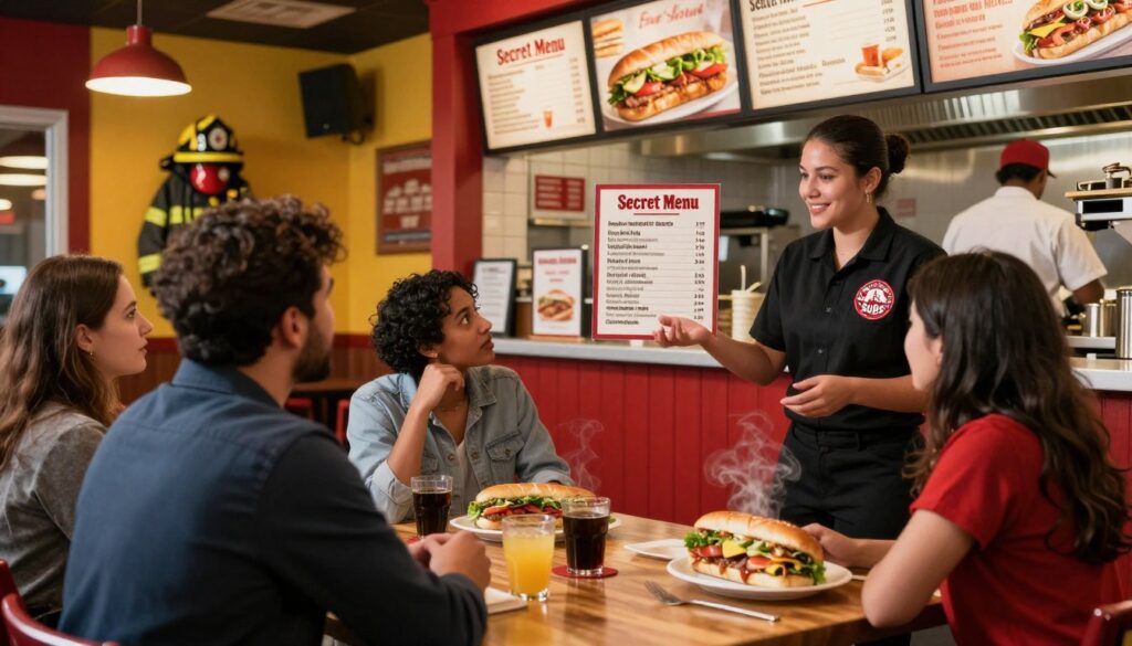 An inviting Firehouse Subs restaurant interior scene, captured in warm, ambient lighting that reflects a cozy atmosphere. In the foreground, a well-organized menu board prominently displays secret menu items such as a gourmet sub with steaming, fresh ingredients. A friendly staff member in a professional Firehouse Subs uniform is recommending the secret options to a group of intrigued customers seated at a wooden table, expressing curiosity with engaged expressions. The middle ground highlights a vibrant décor, with firehouse-themed elements like vintage firefighting gear and red and yellow color accents. The background showcases a bustling kitchen where chefs are preparing sub sandwiches. Optical lens focus emphasizes the secret menu, creating a sense of discovery and adventure within the restaurant setting.