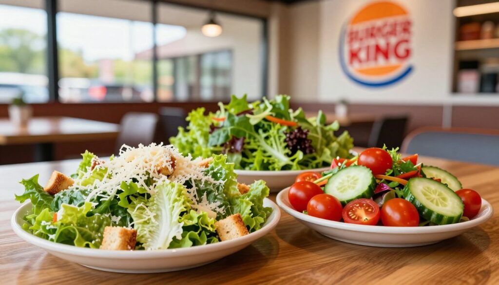 Vibrant and colorful composition depicting a variety of fresh Burger King salads arranged artistically on a wooden table. In the foreground, showcase a Caesar salad with crisp romaine lettuce, grated parmesan cheese, and a delicate sprinkle of croutons, alongside a garden salad featuring bright cherry tomatoes and cucumber slices. In the middle ground, place a classic side salad infused with rich, green leafy vegetables that evoke freshness. The background should blur into a softly lit Burger King restaurant interior, with warm, inviting colors and the iconic logo subtly visible. Natural light filters in from large windows, creating a cheerful atmosphere, suggesting a moment of nostalgia for the lost menu items. The focus is sharp on the salads, emphasizing their vibrant colors and textures. Vibrant and colorful composition depicting a variety of fresh Burger King salads arranged artistically on a wooden table. In the foreground, showcase a Caesar salad with crisp romaine lettuce, grated parmesan cheese, and a delicate sprinkle of croutons, alongside a garden salad featuring bright cherry tomatoes and cucumber slices. In the middle ground, place a classic side salad infused with rich, green leafy vegetables that evoke freshness. The background should blur into a softly lit Burger King restaurant interior, with warm, inviting colors and the iconic logo subtly visible. Natural light filters in from large windows, creating a cheerful atmosphere, suggesting a moment of nostalgia for the lost menu items. The focus is sharp on the salads, emphasizing their vibrant colors and textures.